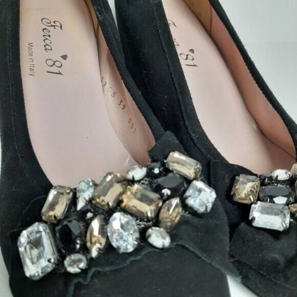 FERCA 81 Italy Jeweled Gem Suede Wedges Heels Black Shoes Sz 8.5 / Eur 39 - Picture 7 of 16